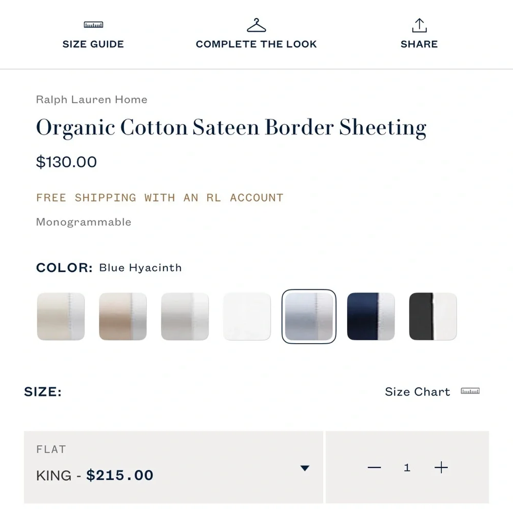 Ralph Lauren RL Organic Sateen Border King Flat Sheet Blue NWT $215
